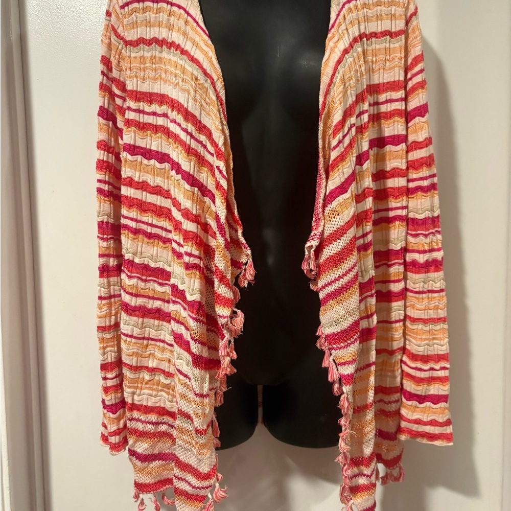 Chico's‎ Open Front Cardigan Womens Size 2 Pink Orange Striped Tassel Trim Knit